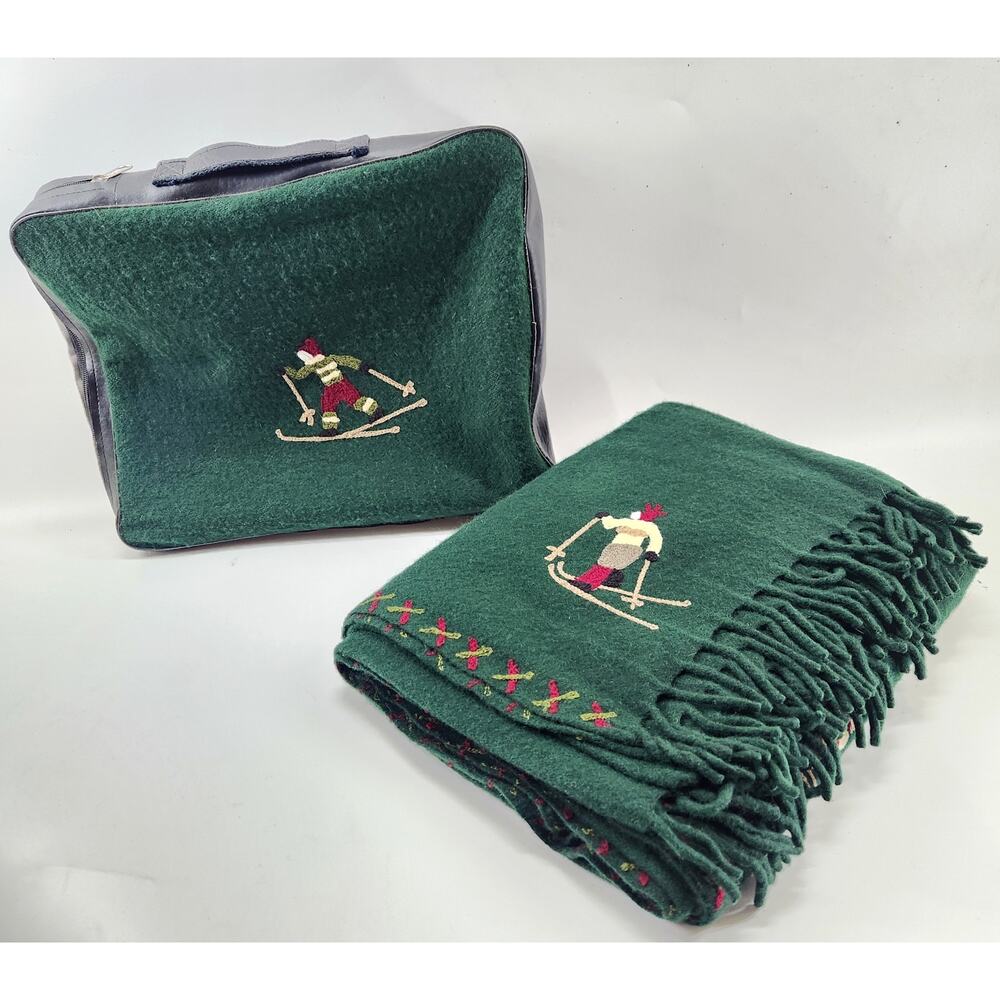 Laura Megroz Chandler 4 Corners Wool Throw Blanket w/Bag Skier Embroidered 54x70